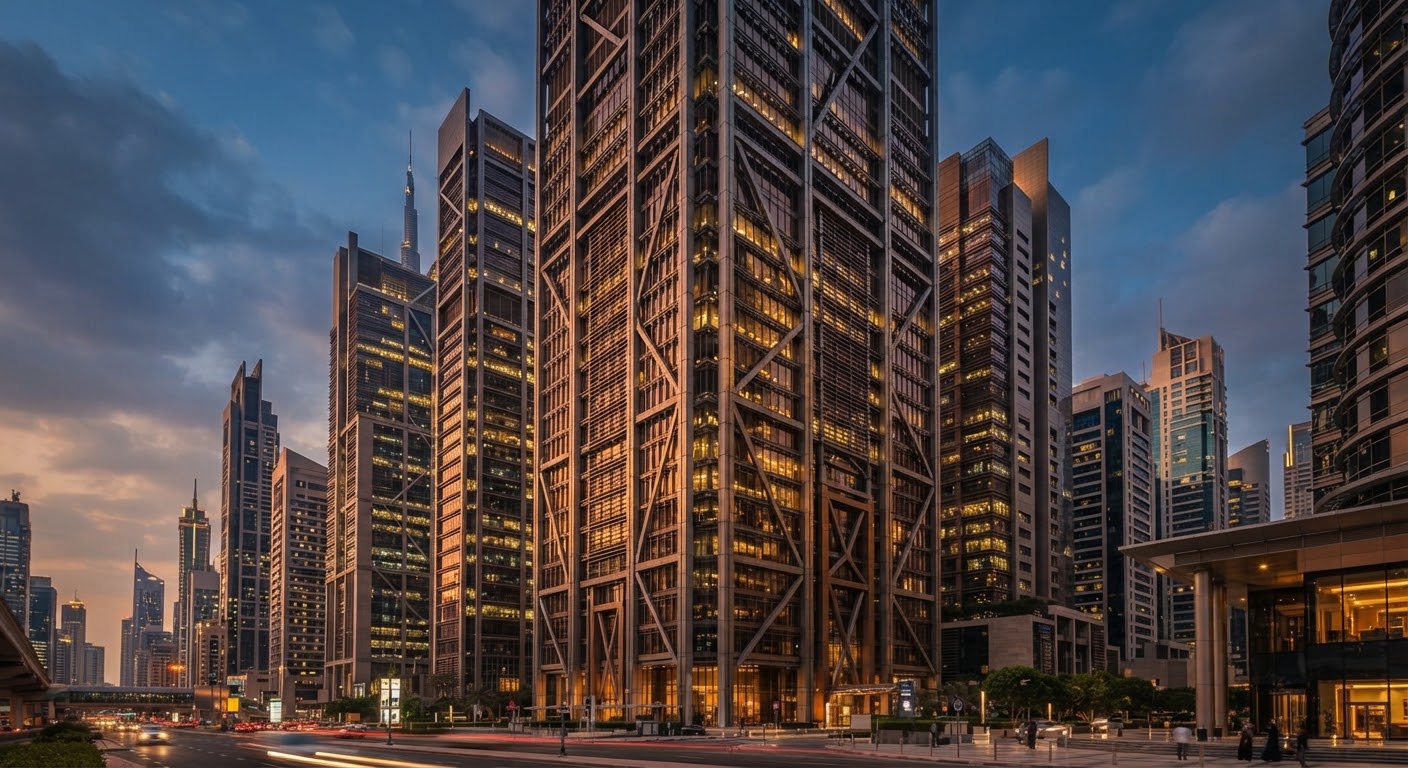 Illuminated high-rise towers at dusk