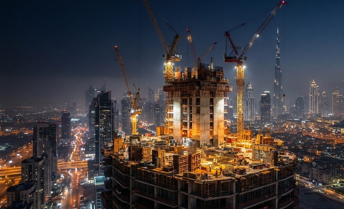 A tower under construction at dusk, overlooking the city skyline